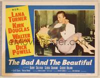 4k058 BAD & THE BEAUTIFUL LC #8 '53 great c/u of Kirk Douglas carrying sexy Lana Turner!