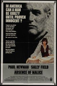 4r016 ABSENCE OF MALICE 1sh '81 Paul Newman, Sally Field, Sydney Pollack, cool design!
