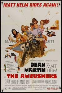 4r033 AMBUSHERS 1sh '67 art of Dean Martin as Matt Helm with sexy Slaygirls on motorcycle!