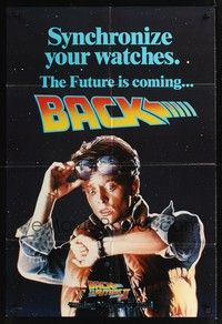 4r066 BACK TO THE FUTURE II teaser 1sh '89 art of Michael J. Fox as Marty, synchronize your watch!