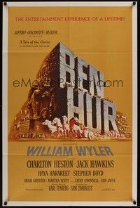 4r087 BEN-HUR 1sh '60 Charlton Heston, William Wyler classic religious epic, cool chariot art!