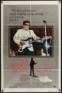 4r152 BUDDY HOLLY STORY 1sh '78 great image of Gary Busey performing on stage with guitar!