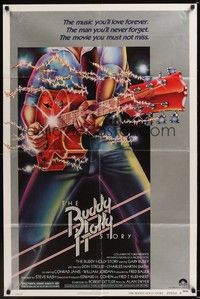 4r153 BUDDY HOLLY STORY style B 1sh '78 great image of Gary Busey performing on stage with guitar!