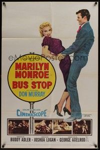 4r157 BUS STOP 1sh '56 great art of cowboy Don Murray holding sexy Marilyn Monroe!
