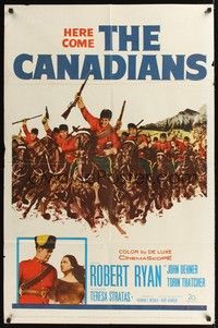 4r165 CANADIANS 1sh '61 cool image of Robert Ryan & Royal Mounted Police charging!
