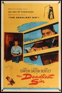 4r225 DEADLIEST SIN 1sh '56 Sydney Chaplin behind bars points gun at pretty Audrey Dalton!