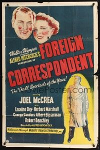 4r318 FOREIGN CORRESPONDENT 1sh R48 Alfred Hitchcock, Joel McCrea, Laraine Day!