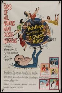 4r357 GLOBAL AFFAIR 1sh '64 great art of Bob Hope spinning Earth & sexy girls, Yvonne De Carlo!