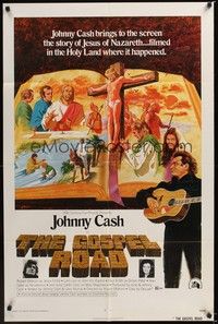4r371 GOSPEL ROAD 1sh '73 artwork of Biblical Johnny Cash with guitar & scenes of Jesus!
