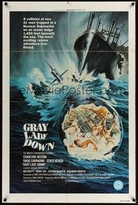 4r372 GRAY LADY DOWN 1sh '78 Charlton Heston, David Carradine, cool submarine artwork!