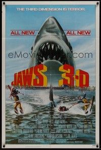 4r477 JAWS 3-D 1sh '83 great Gary Meyer shark artwork, the third dimension is terror!