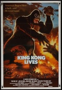 4r509 KING KONG LIVES 1sh '86 great artwork of huge unhappy ape attacked by army!