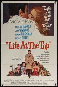 4r559 LIFE AT THE TOP 1sh '65 art of Laurence Harvey with sexy Jean Simmons & Honor Blackman!