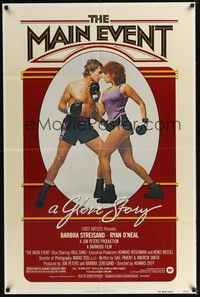 4r605 MAIN EVENT 1sh '79 great full-length image of Barbra Streisand boxing with Ryan O'Neal!