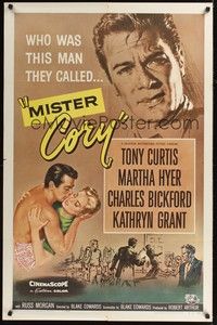 4r657 MISTER CORY 1sh '57 art of professional poker player Tony Curtis & kissing sexy Martha Hyer!
