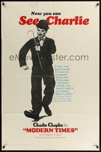 4r659 MODERN TIMES 1sh R72 great full-length image of Charlie Chaplin with cane!