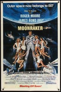 4r664 MOONRAKER advance 1sh '79 different art of Moore as James Bond & sexy space babes by Gouzee!