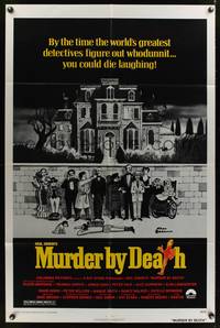 4r678 MURDER BY DEATH 1sh '76 great Charles Addams artwork of cast by dead body & spooky house!