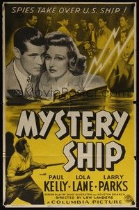 4r691 MYSTERY SHIP 1sh '41 great dramatic wartime art of Paul Kelly & Lola Lane!