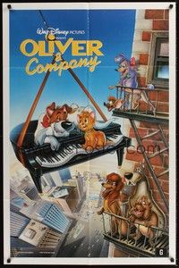 4r732 OLIVER & COMPANY int'l 1sh '88 great art of Walt Disney cats & dogs in New York City!