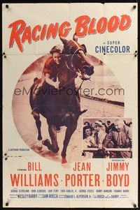 4r787 RACING BLOOD 1sh '54 huge image of jockey Jimmy Boyd riding horse at race!
