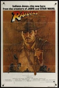 4r791 RAIDERS OF THE LOST ARK 1sh '81 great art of adventurer Harrison Ford by Richard Amsel!