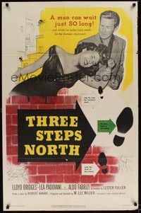 4r920 THREE STEPS NORTH 1sh '51 tough Lloyd Bridges grabs sexy girl in low-cut dress!