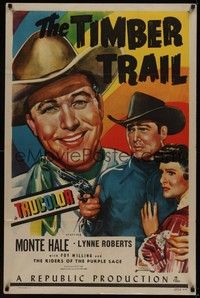 4r925 TIMBER TRAIL 1sh '48 great art of Monte Hall smiling close up & with Lynne Roberts!