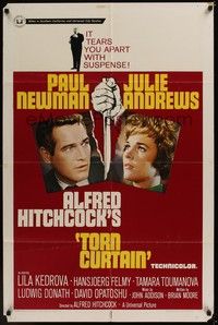 4r936 TORN CURTAIN 1sh '66 Paul Newman, Julie Andrews, Alfred Hitchcock tears you apart w/suspense!