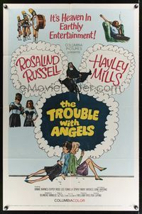 4r945 TROUBLE WITH ANGELS 1sh '66 Hayley Mills, Binnie Barnes, nun Rosalind Russell on bike!