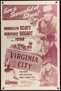 4r962 VIRGINIA CITY 1sh R56 Errol Flynn, Humphrey Bogart & Randolph Scott, plus sexy Hopkins!