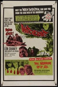 4r985 WITCHCRAFT/HORROR OF IT ALL 1sh '64 Lon Chaney Jr., Pat Boone, horror double-bill!