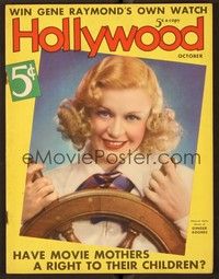4t091 HOLLYWOOD magazine October 1936 c/u Ginger Rogers at ship's wheel by Edwin Bower Hesser!