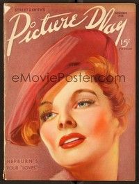 4t069 PICTURE PLAY magazine November 1936 wonderful art of Katharine Hepburn in cool hat!