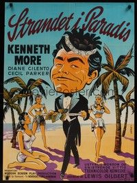 4v508 ADMIRABLE CRICHTON Danish '57 Gaston artwork of Kenneth More on the beach with sexy girls!