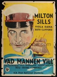 4v514 AS MAN DESIRES Danish '25 Milton Sills, Viola Dana, cool Hankansson art of ship!
