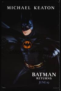 4w061 BATMAN RETURNS teaser 1sh '92 cool image of Michael Keaton as Batman!