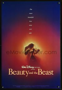 4w070 BEAUTY & THE BEAST 1sh '91 Walt Disney cartoon classic, great romantic art!
