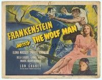 4y116 FRANKENSTEIN MEETS THE WOLF MAN TC '43 best art of monsters Lugosi & Chaney fighting!