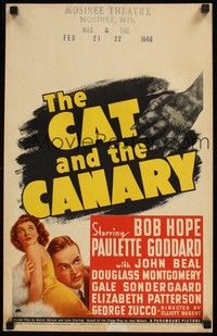 4y069 CAT & THE CANARY WC '39 monster hand threatening Bob Hope & sexy Paulette Goddard!