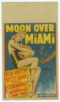 4y063 MOON OVER MIAMI mini WC '41 classic art of sexy Betty Grable in bathing suit holding ball!
