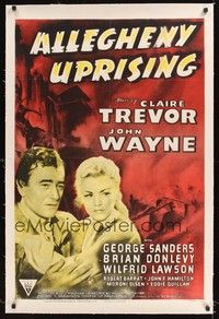 4z028 ALLEGHENY UPRISING linen 1sh R52 John Wayne & Claire Trevor with arms around each other!