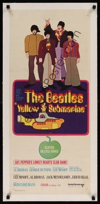4z247 YELLOW SUBMARINE linen Aust daybill '68 wonderful art of Beatles John, Paul, Ringo & George!
