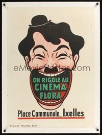 4z285 ON RIGOLE AU CINEMA FLORA linen Belgian '30s great art image of Charlie Chaplin laughing!