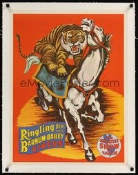 4z212 RINGLING BROS & BARNUM & BAILEY CIRCUS linen circus poster '40s art of tiger riding horse!