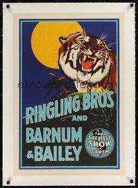 4z213 RINGLING BROS & BARNUM & BAILEY CIRCUS linen circus poster '44 cool tiger artwork!