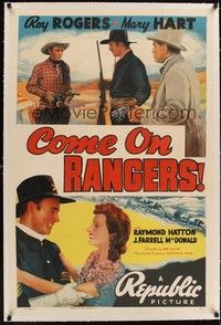 4z052 COME ON RANGERS linen 1sh '38 art of Roy Rogers pointing two guns at bad guys!