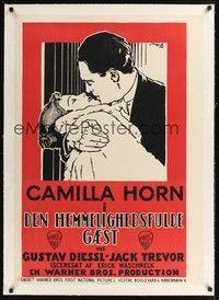 4z312 DIE DREI UM EDITH linen Danish 1930 great romantic artwork of Camilla Horn being kissed!