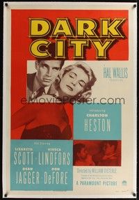 4z056 DARK CITY linen 1sh '50 gambler Charlton Heston's first role, sexy Lizabeth Scott