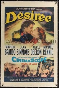 4z059 DESIREE linen 1sh '54 romantic artwork of Marlon Brando about to kiss pretty Jean Simmons!